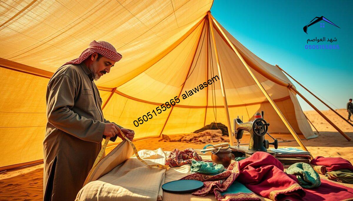 A detailed scene showcasing the costs involved in constructing traditional Bedouin tents, highlighted by a close-up of various materials used, including sturdy canvas, wooden poles, and colorful fabrics. In the foreground, a skilled craftsman in modest work attire meticulously measures fabric, displaying precision and craftsmanship. The middle area features an organized workspace with tools like a sewing machine and measuring tape, while scattered fabric swatches add color to the setting. In the background, a partially assembled tent structure reaches towards a clear blue sky, emphasizing the scale and effort of the building process. Warm, natural sunlight casts soft shadows, creating an inviting atmosphere that reflects the rich heritage of tent construction.