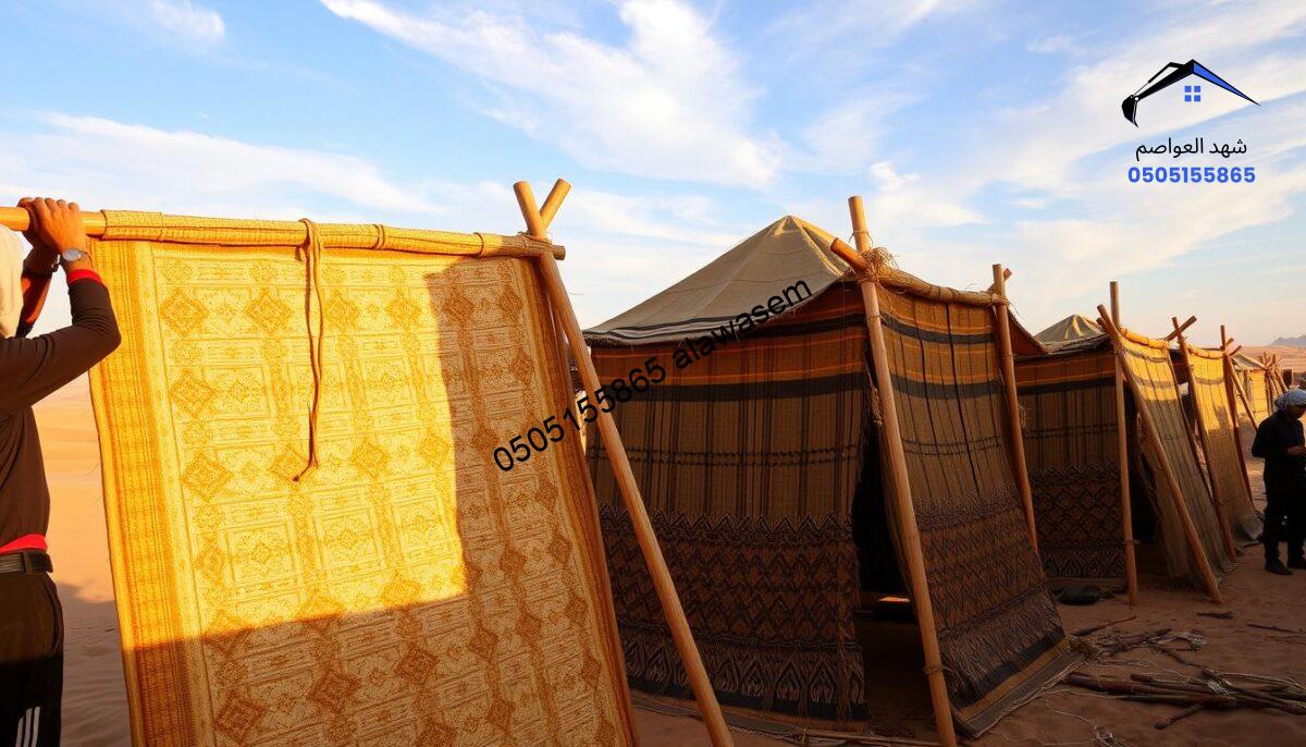 A detailed scene showing the assembly of traditional Bedouin tents, or "بيوت الشعر". In the foreground, skilled craftsmen are carefully attaching the woven panels of the tent, using ropes and wooden poles to secure the structure. The middle ground features several partially completed tents, showcasing the intricate patterns of the goat hair fabric and the vibrant colors typical of these tents. In the background, a desert landscape stretches out, with soft dunes under a blue sky dotted with wispy clouds. The lighting is warm and golden, suggesting a late afternoon sun, creating an inviting, serene atmosphere. The entire scene reflects dedication and craftsmanship, emphasizing the traditional techniques in creating these iconic structures.