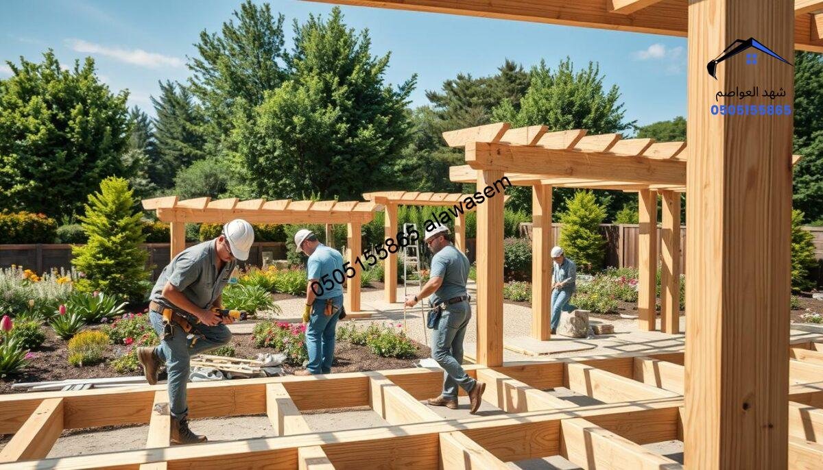 A detailed view of a wooden pergola installation process, showcasing skilled craftsmen working in a sunny outdoor setting. In the foreground, two workers are carefully assembling wooden beams, using tools like a drill and level, while wearing safety gear. The middle ground features partially constructed pergola structures, highlighting the beauty of natural wood grains and the intricate design. In the background, a landscaped garden with lush greenery and blooming flowers surrounds the construction site, adding a serene atmosphere. The scene is bathed in warm, natural light, creating soft shadows and enhancing the textures of the wood. Capture the essence of craftsmanship and dedication in a professional and inviting manner.