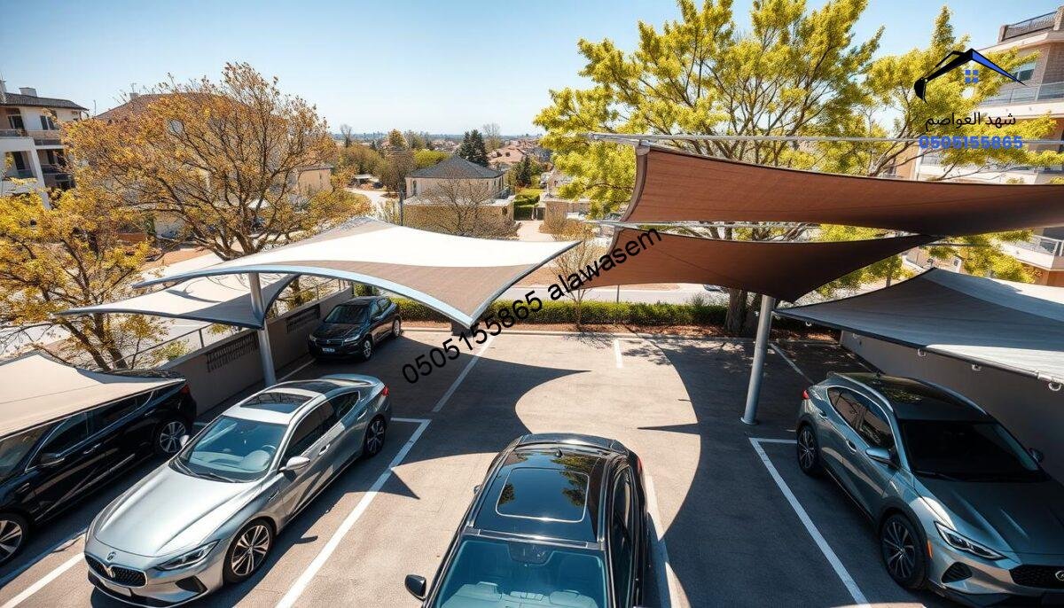 A high-angle view of a modern car parking area adorned with sleek, contemporary car canopies (مظلات السيارات) showcasing innovative, retractable design. In the foreground, several cars are elegantly parked underneath these striking canopies, highlighting their functionality. The middle space features diverse umbrella shapes, like arc and square, made of durable materials, casting unique shadows on the ground. The background shows a sunny urban environment with trees and buildings typical of residential neighborhoods in حي النسيم والغدير. The lighting is bright and clear, creating a vibrant mood, while the angle captures the full scale of the installation. The overall atmosphere conveys a sense of modernity and efficiency, ideal for illustrating the advanced technology in mobile shade solutions.