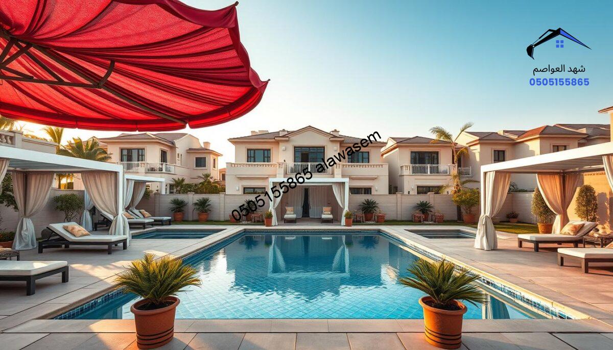 A luxurious backyard setting featuring a variety of elegant pool canopies, showcasing diverse designs and styles. In the foreground, display intricate canopy structures with unique fabrics and color palettes, each providing ample shade and comfort. The middle ground includes a sparkling swimming pool reflecting the vibrant hues of the canopies, surrounded by plush sun loungers and tasteful potted plants. In the background, lavish villas in the Yasmeen and Al-Murooj neighborhoods serve as an opulent backdrop. The scene is bathed in golden hour lighting, casting a warm, inviting glow and soft shadows to enhance the tranquil atmosphere. The composition should convey a sense of choice and luxury, suitable for discerning clients looking for bespoke outdoor solutions.