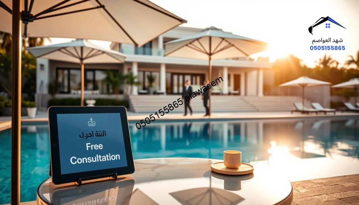 A luxurious outdoor pool area in a high-end villa setting, featuring elegant pool umbrellas that provide shade and style. The foreground should showcase a beautifully designed pool with crystal-clear water, surrounded by lush greenery and sophisticated lounge chairs. In the middle ground, the focus is on a charming table set with a digital tablet displaying the phrase "استشارة مجانية" (translated to "Free Consultation"), alongside professional business attire-clad individuals engaged in a discussion, exuding a welcoming atmosphere. The background includes a luxurious mansion in a modern architectural style, basking in warm sunlight during golden hour, with soft shadows creating a serene mood. The overall atmosphere is upscale, inviting, and professional, perfect for illustrating the concept of reaching out for expert consultation on luxurious pool umbrellas.