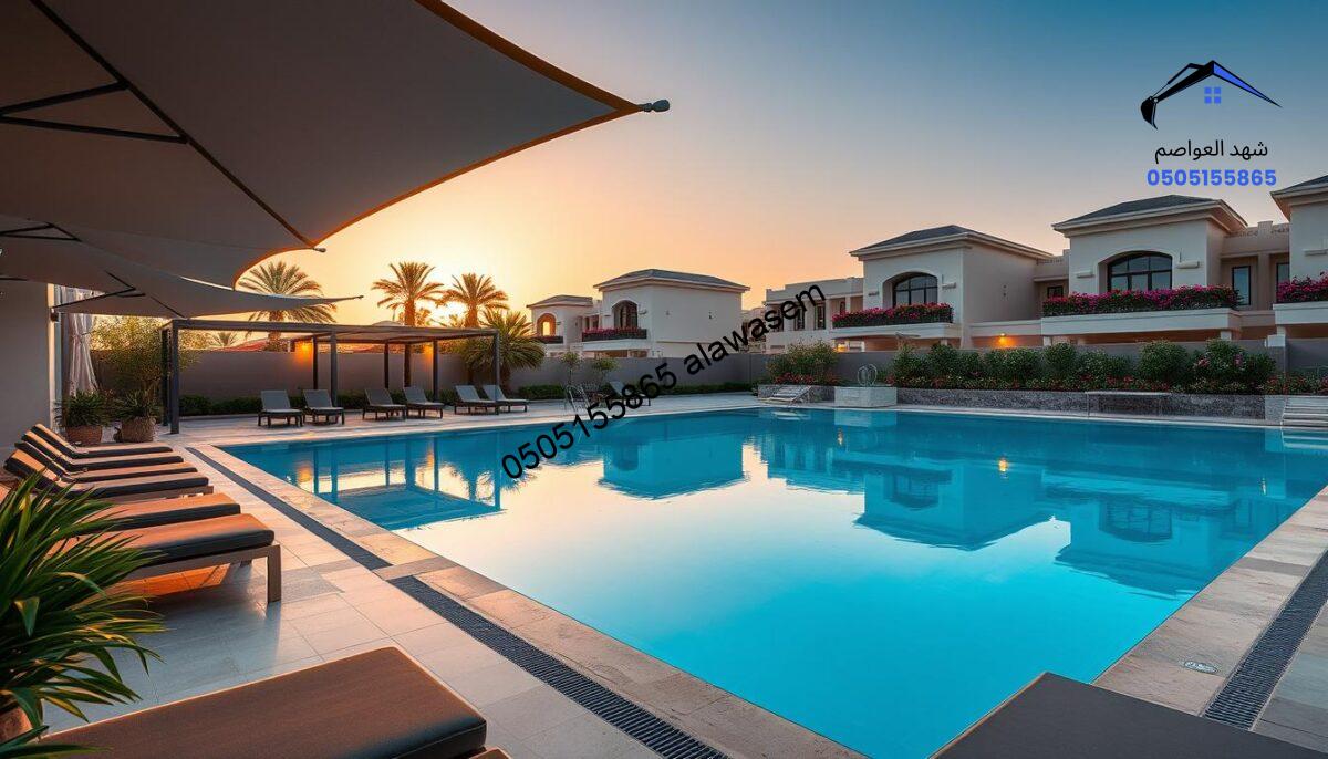 A luxurious outdoor swimming pool area in a stunning refined villa located in the Yasmeen and Al-Murooj neighborhoods of North Riyadh. In the foreground, elegant shaded canopies designed by "شركة سواتر شهد العواصم" provide a sense of tranquility and sophistication, adorned with lush greenery. The middle ground features a sparkling turquoise pool reflecting the blue sky, surrounded by stylish loungers and tasteful landscaping. The background showcases opulent villas with modern architectural elements, planted with fragrant flowers. The lighting is warm and inviting, capturing the golden hour glow of sunset, enhancing the overall serene and upscale atmosphere. The image is shot from a slightly elevated angle, giving a panoramic view of the luxurious poolside scene without any text or distractions.