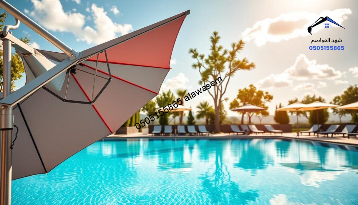 A luxurious outdoor swimming pool area showcasing various types of modern retractable pool umbrellas. In the foreground, a sleek, large umbrella is partially opened, revealing vibrant colors that contrast beautifully with the clear blue water. In the middle ground, multiple umbrellas of different shapes and sizes are set around the pool, demonstrating their versatility and stylish design. The background features a sunny sky with a few fluffy clouds, trees lining the pool area, and elegant lounge chairs inviting relaxation. The scene is illuminated by warm sunlight, creating a cheerful and inviting atmosphere. Use a wide-angle lens to capture the whole setting, focusing on the details of the umbrellas and the refreshing pool environment.