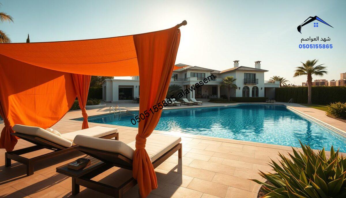 A luxurious pool area featuring elegant fabric canopies (مظلات قماشية) that offer shade and style. In the foreground, showcase a couple of large, vividly colored canopies draped over comfortable lounge chairs, creating a serene retreat. The middle ground displays a stunning swimming pool with crystal-clear water reflecting sunlight, bordered by manicured hedges and tropical plants. In the background, a tastefully designed mansion in a modern architectural style completes the scene. The lighting is warm and golden, suggesting a late afternoon ambiance, with soft shadows cast by the canopies. Capture this in a wide-angle perspective to evoke a sense of spacious luxury and tranquility, transporting viewers to a serene oasis of relaxation.