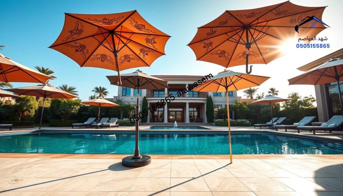 A luxurious poolside setting in a lavish villa, showcasing elegant and stylish pool umbrellas. Foreground highlights a variety of premium-quality umbrellas with intricate designs in rich colors, casting soft shadows on the pristine tiled pool deck. Middle ground includes a glistening swimming pool surrounded by manicured greenery and plush lounge chairs, evoking an atmosphere of relaxation and opulence. Background features the grand architecture of the villa with large windows, reflecting the sun's warm glow, accompanied by clear blue skies. The scene is well-lit, emphasizing the tranquil and serene environment, captured with a wide-angle lens to provide depth and detail. Overall, the mood is upscale and inviting, illustrating the expected costs for luxurious pool projects.