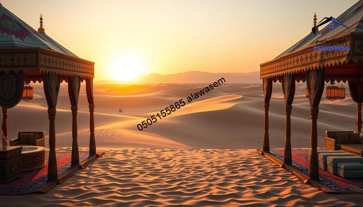 A majestic view of traditional Arabian majlis tents in a serene desert setting, capturing the essence of "بيوت شعر ملكية". In the foreground, intricately designed tents with vibrant colors and luxurious fabrics are adorned with decorative patterns and elegant furnishings. The middle ground features smooth sand dunes gently illuminated by the warm glow of a sunset, casting long shadows. In the background, distant mountains complete the landscape. Soft golden light enhances the atmosphere, creating a tranquil and inviting mood, reminiscent of cultural gatherings and celebrations. The image should be framed from a slightly elevated angle, allowing for a comprehensive view of the scene without any human subjects.