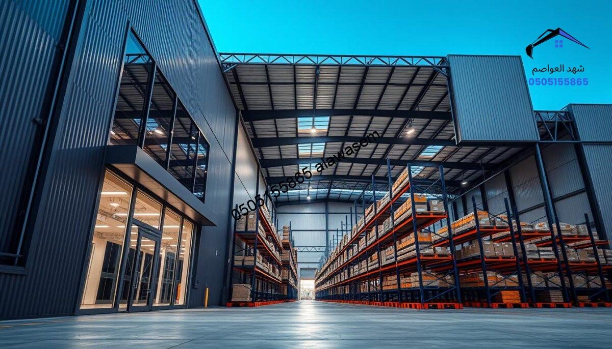A modern and stylish industrial warehouse design featuring sleek, contemporary lines and a spacious layout. In the foreground, showcase an elegantly designed warehouse exterior with large glass windows and a durable metallic facade. In the middle ground, display a well-organized interior filled with modern shelving units and smart lighting that illuminates the working space. The background should feature a clear blue sky, creating an inviting and professional atmosphere. The scene should be captured from a low angle with a wide lens to emphasize the warehouse's impressive height and modern architecture. The mood is bright, professional, and efficient, reflecting advanced storage solutions in Riyadh.