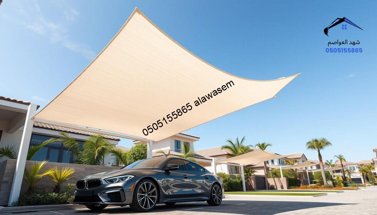 A modern car shade design installed in a residential neighborhood, showcasing sleek, angular lines and a contemporary aesthetic. In the foreground, focus on a stylish car under a large, elegant canopy that contrasts with a blue sky. In the middle ground, include a few additional car shades in varying sizes, representing different styles, all made from durable, weather-resistant materials. In the background, residential buildings with lush gardens and palm trees create a serene, inviting atmosphere. The lighting is bright and cheerful, emphasizing the structures' clean lines and reflective surfaces. Capture the scene from a slightly elevated angle, ensuring a clear perspective of the canopy's innovative design and functionality. The overall mood should be modern and sophisticated, highlighting the blend of practicality and contemporary architecture.