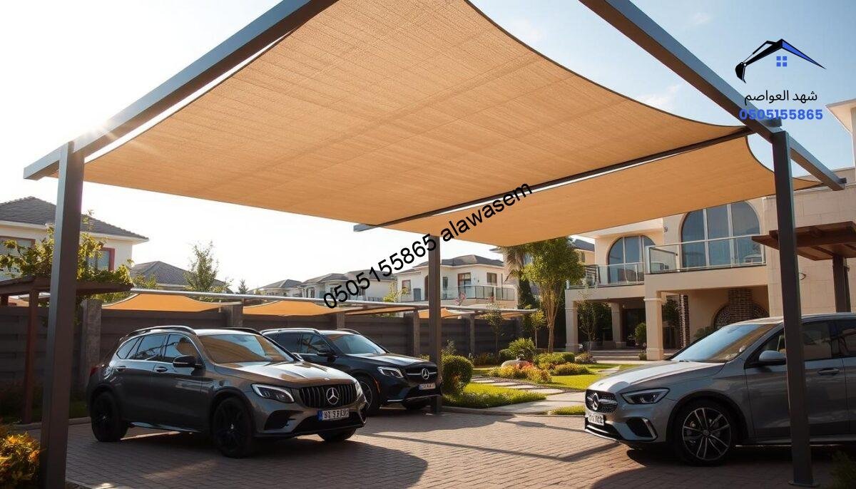 A modern car shade structure designed for outdoor parking, showcasing elegant and functional "مظلات السيارات" in a residential setting. In the foreground, the car shades feature a sleek design made of durable materials, casting dappled sunlight on parked vehicles below. In the middle ground, a beautifully landscaped garden complements the shades, with lush greenery and decorative gravel paths. The background reveals a serene neighborhood atmosphere with stylish villas, reflecting contemporary architectural styles. The scene is illuminated by warm afternoon sunlight, creating a tranquil and inviting mood. Use a slightly elevated angle to capture the interplay of light and shadow, ensuring a clear view of the car shades and their surroundings.