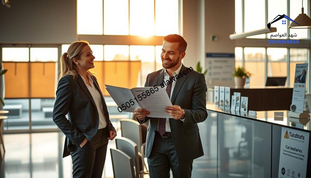A modern corporate office setting featuring a welcoming customer service area illuminated by warm, natural light streaming through large windows. In the foreground, a professional customer service representative, dressed in smart business attire, is engaging with a satisfied client, both smiling while reviewing a warranty document and discussing customer satisfaction strategies. In the middle ground, a sleek display of various car shade products showcases their variety and quality. The background depicts a stylish reception desk adorned with promotional materials, highlighting a commitment to customer satisfaction and warranty policies. The atmosphere feels positive and reassuring, emphasizing trust and professionalism in the car shade installation service.