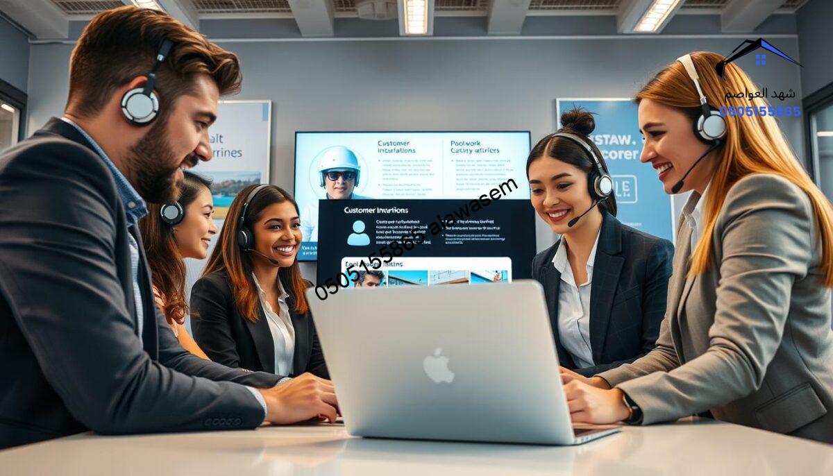 A modern customer service and technical support scene featuring a diverse group of professionals in a well-lit office environment. In the foreground, two support agents, one male and one female, are engaging with a laptop, providing assistance to a customer via a video call. They are dressed in smart business attire. The middle of the image showcases a large monitor displaying customer inquiries and product information related to pool shade solutions. In the background, there are motivational posters focusing on teamwork and customer satisfaction. The lighting is bright and inviting, creating a warm atmosphere that reflects professionalism and readiness to assist. The angle captures the collaborative spirit of the team while emphasizing the importance of excellent customer service.