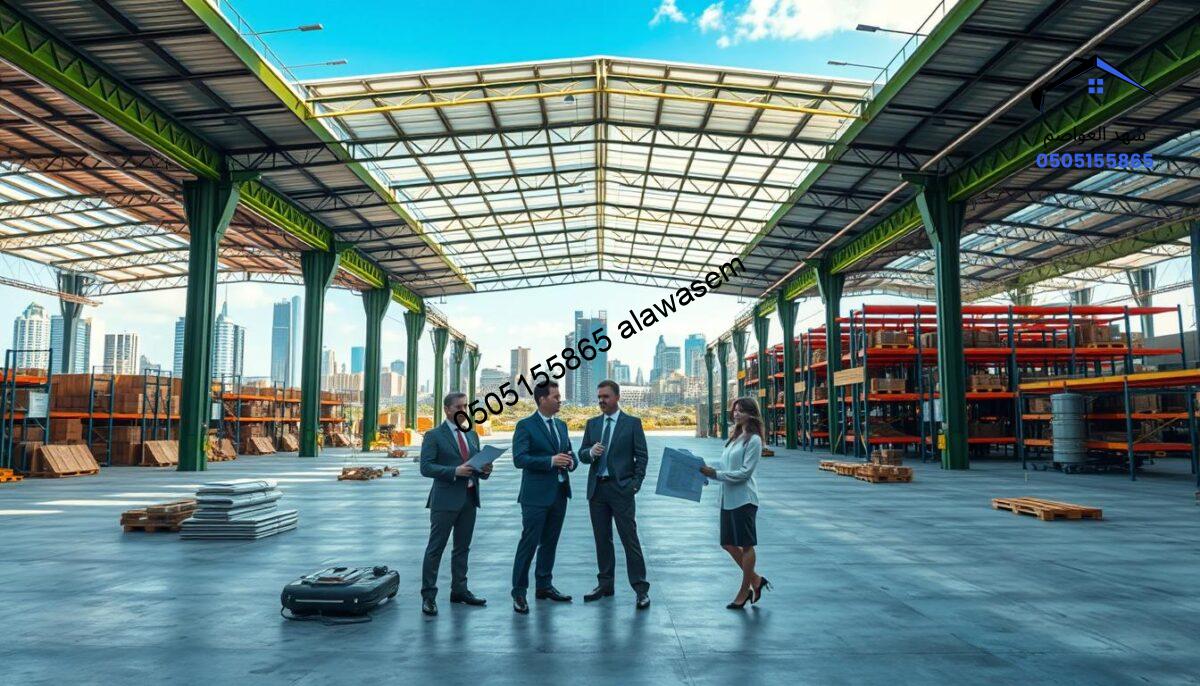 A modern design of government warehouses, featuring large, industrial structures with transparent roofing and green accents. In the foreground, a team of five professionals in smart business attire discusses architectural plans, surrounded by construction materials and tools. The middle ground showcases sleek, open warehouse spaces filled with organized storage racks. In the background, an urban landscape with a clear blue sky enhances the scene. Natural light streams in through the roofs, casting soft shadows on the floor, creating a productive atmosphere. Capture the essence of efficiency and professionalism in this government facility design, emphasizing a blend of functionality and innovation.