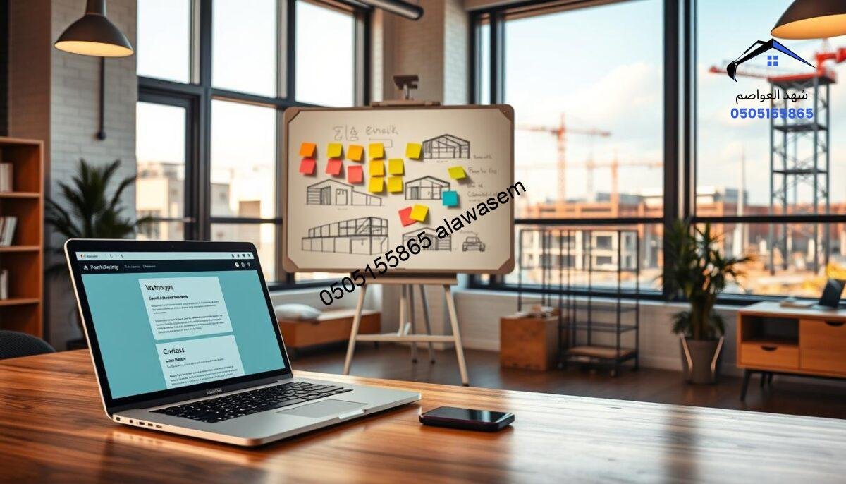 A modern, inviting office setting that illustrates various communication methods for a construction supply company specializing in warehouses and hangars. In the foreground, a sleek wooden desk with an open laptop displaying a professional email interface and a smartphone with contact icons. In the middle, a contemporary whiteboard filled with colorful sticky notes and sketches of warehouse designs. The background features large windows letting in natural light, with a view of construction sites and scaffolding in the distance, symbolizing the industry. The atmosphere is professional and collaborative, evoking a sense of connectivity and responsiveness, with warm lighting enhancing the inviting mood. No text or watermarks in the image.