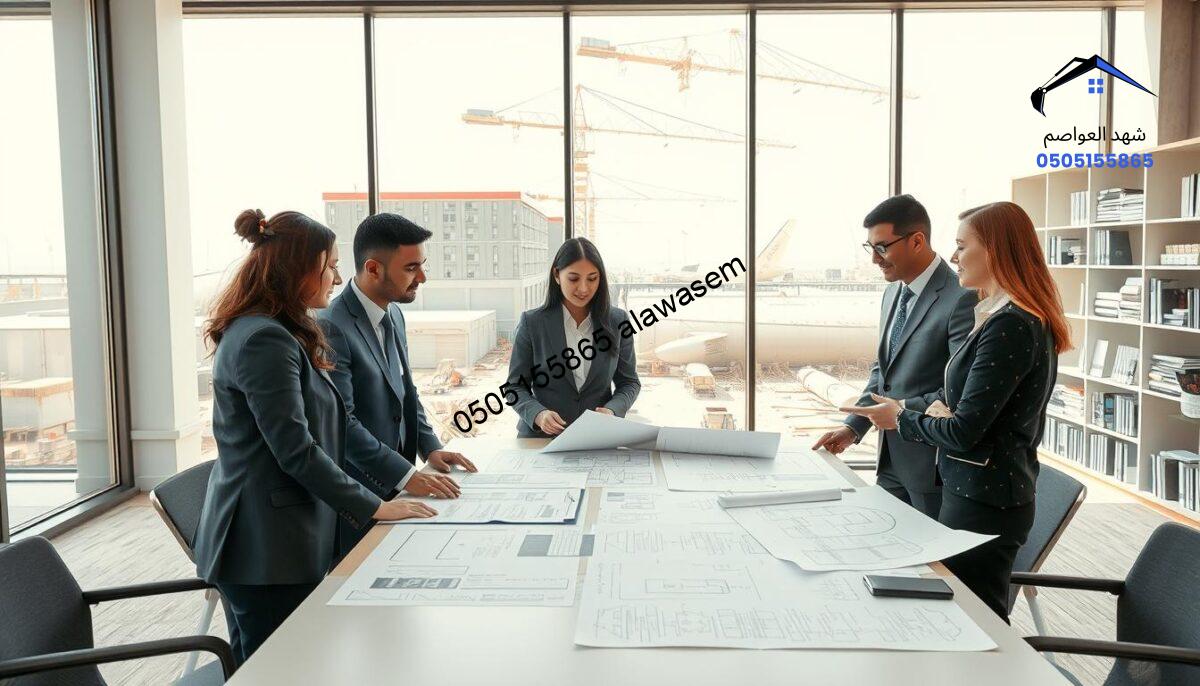 A modern, professional consulting scene in a bright, well-lit office environment. In the foreground, a diverse group of three business professionals, dressed in smart business attire, discussing plans over a large table covered with blueprints and building designs for warehouses and hangars. In the middle ground, a large window showcases a view of industrial warehouses under construction in a northern Riyadh setting, with cranes and machinery visible. In the background, shelves filled with architecture books and models add depth to the scene. Soft, natural lighting floods the space, creating an inviting and productive atmosphere, emphasizing teamwork and expertise in free consultations. The composition should focus on collaboration, intelligence, and innovation without any text or distractions.