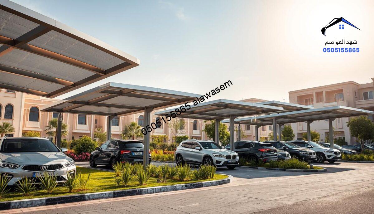 A modern urban landscape featuring several car canopies ("مظلات السيارات") positioned in a residential area of Riyadh, specifically in the Al-Aziziyah neighborhood. In the foreground, showcase sleek, stylish car canopies providing shade for parked vehicles. Include a variety of car models, parked neatly under the canopies. The middle ground should display greenery and landscaped areas typical of the neighborhood, with architectural details of local homes or buildings subtly visible. In the background, create a clear blue sky with soft, warm sunlight illuminating the scene, evoking a sense of tranquility and safety. Use a wide-angle lens perspective to capture the spaciousness of the area, enhancing the inviting and practical nature of car canopies in an urban setting.