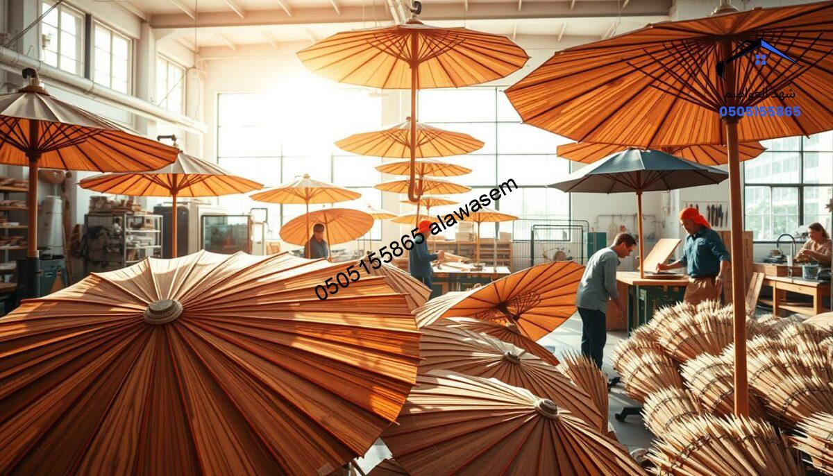 A modern wooden umbrella manufacturing scene showcasing innovative techniques. In the foreground, skilled artisans work meticulously on elegant, finely crafted wooden umbrellas, using advanced machinery. The middle ground features a variety of these umbrellas displayed in a sunlit workshop, highlighting their unique designs and textures, such as rich wood grains and vibrant fabrics. In the background, large windows allow natural light to pour in, illuminating the workspace, filled with tools and materials that signify cutting-edge technology. The atmosphere is lively yet focused, reflecting a blend of tradition and modern innovation. The lighting is bright and warm, evoking a sense of creativity and craftsmanship.