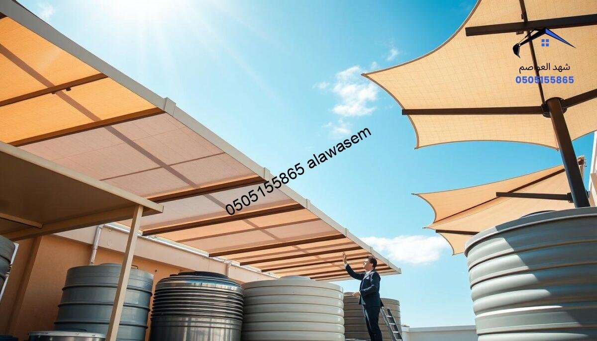 A professional and polished image representing "خدمات مظلات سواتر" with a focus on high-quality shelter installations for water tanks. In the foreground, showcase a variety of elegantly designed canopies and shades in a range of colors and styles, demonstrating their functionality and aesthetic appeal. In the middle, depict skilled workers in smart casual attire installing these shelters, reflecting expertise and precision. In the background, include a clear blue sky with soft sunlight filtering through, creating a vibrant and inviting atmosphere. The setting should be outdoors, emphasizing the practical use of these canopies in residential or commercial settings. Use a wide-angle lens to capture the entire scene, conveying professionalism and a sense of reliability in the services provided.