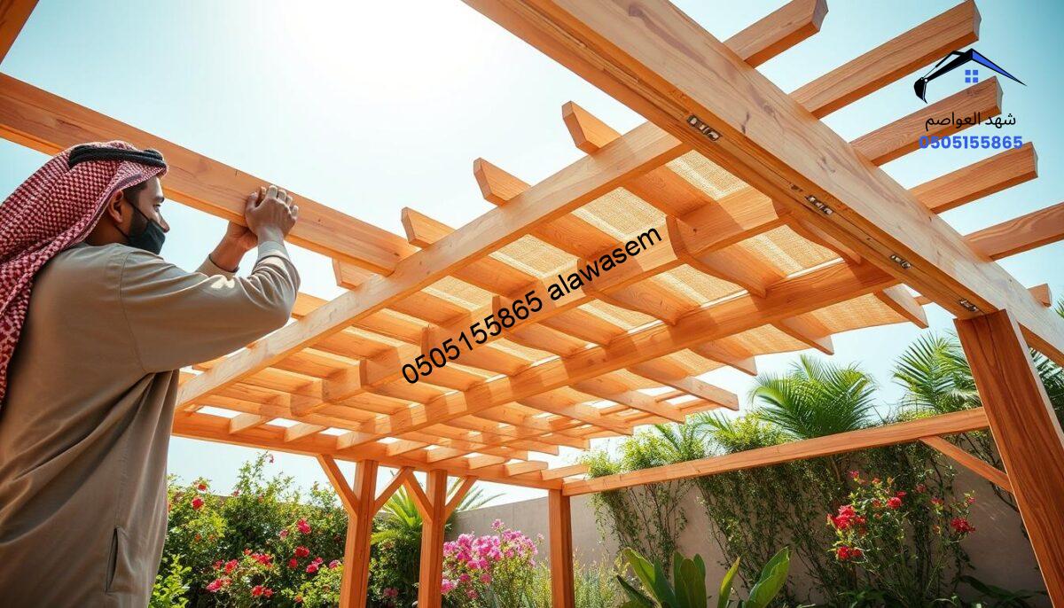 A professional installation of wooden garden canopies in Riyadh, featuring a skilled craftsperson assembling the structure. In the foreground, the craftsperson, dressed in modest work attire, is carefully attaching wooden beams and shades. The middle features the partially completed wooden canopy, showcasing its intricate design and natural wood grain. The background includes a lush garden setting with flowering plants and greenery, under a bright blue sky, suggesting a sunny day. Soft, warm sunlight casts gentle shadows, accentuating the textures of the wood. The atmosphere is one of professionalism and craftsmanship, highlighting the precision and care involved in the installation process.