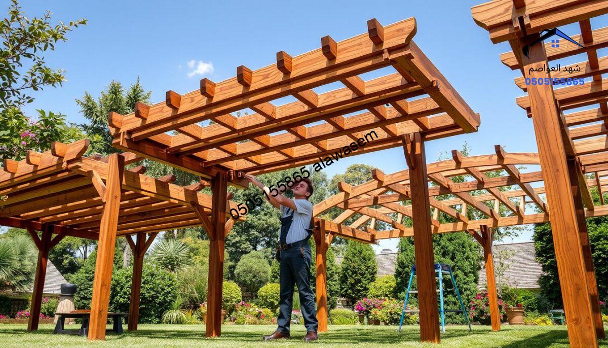A professional-looking outdoor scene depicting a garden installation by "شركة مظلات سواتر شهد العواصم." In the foreground, showcase beautifully crafted wooden canopies designed for gardens, demonstrating various shades of timber with elegant lines and robust structures. In the middle ground, include a skilled worker in professional attire, carefully measuring and adjusting the canopy. The background features a lush garden with vibrant flora, such as colorful flowers and greenery, under a clear blue sky. Utilize soft, natural lighting to create a warm and inviting atmosphere, focusing on the craftsmanship and quality of the wooden shades. Capture the scene from a slight low angle for an impressive perspective, highlighting the intricacy of the designs and the serene garden environment.
