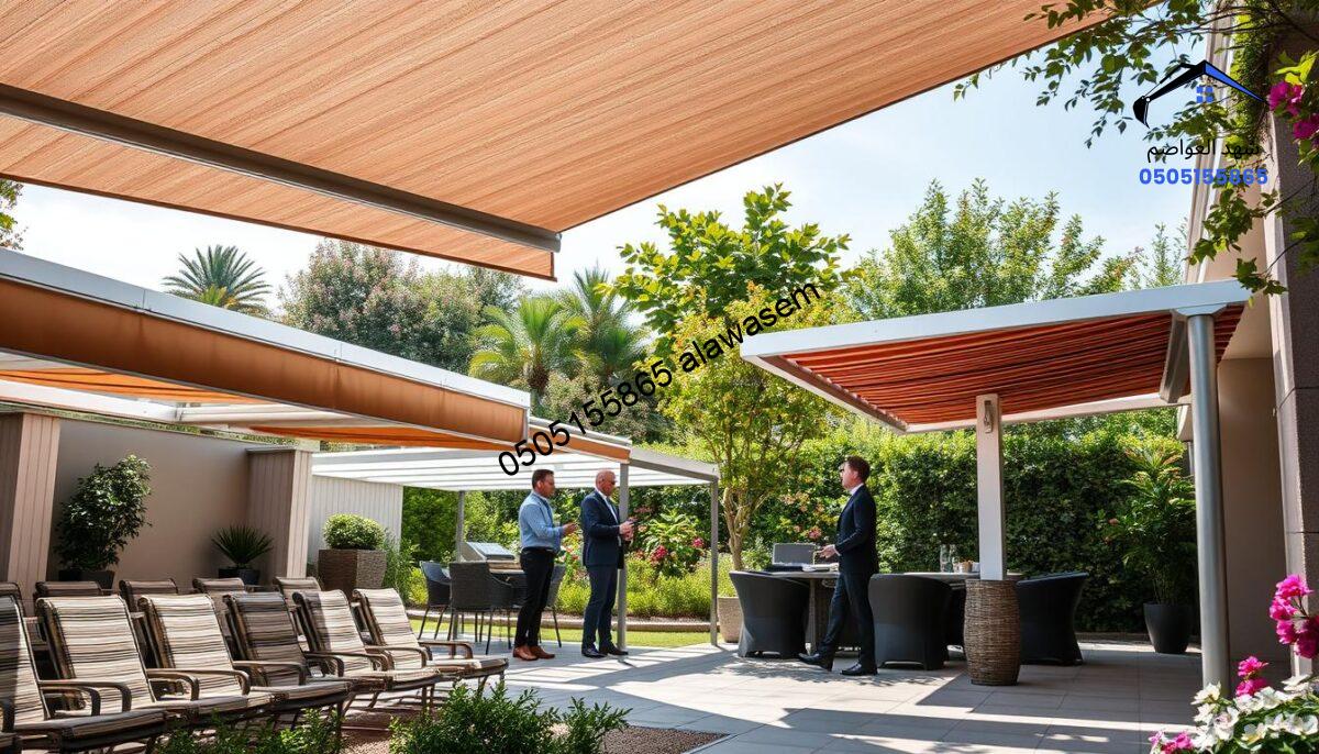 A professional outdoor scene featuring a modern and elegant showroom for "شركة مظلات سواتر شهد العواصم," showcasing a variety of shade structures and canopies. In the foreground, display an array of stylish, colorful retractable awnings and sleek pergolas, with intricate design details visible. The middle ground should include knowledgeable staff in professional attire assisting customers, creating a welcoming atmosphere. The background should show a well-maintained garden, with lush greenery and blooming flowers, enhancing the overall aesthetic. Soft, natural sunlight filters through the canopy above, creating dappled shadows that add depth. The mood is inviting and sophisticated, emphasizing quality and innovation in outdoor living solutions.