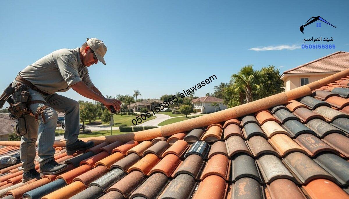 A professional roofing contractor installing various types of tiles on a residential structure. In the foreground, focus on a contractor in modest casual clothing, carefully positioning the tiles, showcasing a variety of materials such as ceramic, asphalt, and metal. In the middle ground, display a half-finished roof with an array of colorful tiles laid out, emphasizing craftsmanship and attention to detail. In the background, include an inviting suburban environment, with well-manicured lawns and trees under a clear blue sky. The scene is well-lit, suggesting a bright sunny day with soft shadows, capturing the diligent, industrious atmosphere of a roofing project. The image should convey a sense of professionalism and expertise in tile installation.