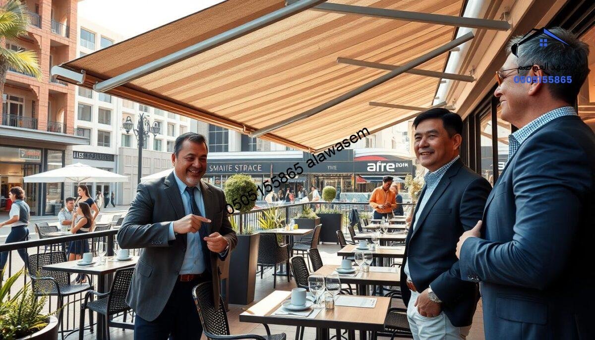 A professional scene showcasing satisfied customers interacting with high-tech retractable awnings in a vibrant neighborhood setting. In the foreground, two clients in smart casual attire examine a sleek, modern awning, with one pointing towards its advanced features. The middle layer features a stylish and functional outdoor dining area under the awning, complete with elegant furniture, plants, and sunlight filtering through. In the background, the bustling environment of Al-Naseem and Al-Ghadeer can be seen, with contemporary architecture and people enjoying their day. The lighting is warm and inviting, enhancing the sense of satisfaction and innovation. Use a wide-angle lens to capture the entire scene while maintaining a focus on the clients and product.