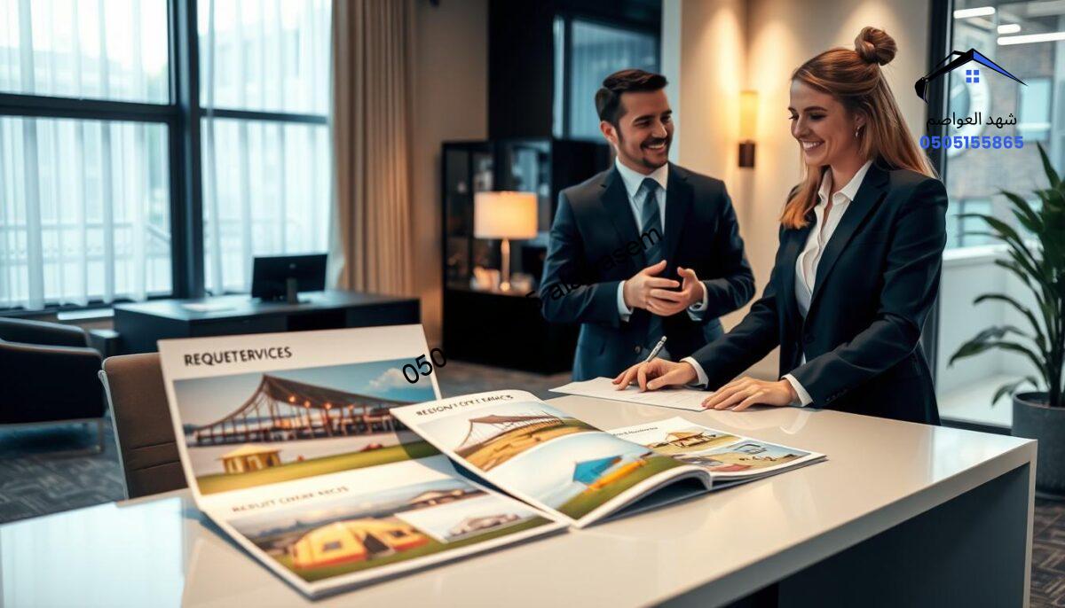 A professional service setting illustrating the process of requesting a "Request for Tent Services." In the foreground, a friendly customer service representative in business attire is engaging with a client, providing assistance. The middle ground features a sleek, modern desk with design brochures showcasing various tent designs, colors, and configurations. The background displays a tasteful office environment with large windows letting in soft natural light, illuminating the space. The mood is inviting and professional, conveying a sense of trust and capability. Use a slightly elevated angle to capture both the interaction and the design materials effectively. The overall lighting should be bright yet warm, emphasizing a welcoming atmosphere devoid of any text or branding elements.