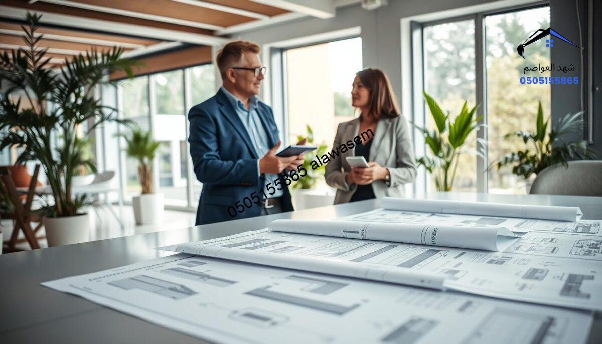 A professional setting featuring a consultation scene with an architect or designer engaged in a discussion with a client. In the foreground, a sleek table is scattered with blueprints showcasing modern retractable awning designs and innovative shading solutions. The middle ground captures the interaction between a well-dressed architect, with glasses and a notepad, and a client dressed in smart casual attire, both appearing attentive and engaged. The background reveals a bright, airy office space with large windows allowing natural light to flood in, plants adding a touch of greenery. The atmosphere is one of collaboration and creativity, emphasizing the theme of a free consultation on advanced shading techniques. The image is framed with a soft focus to draw attention to the subjects and their conversation.