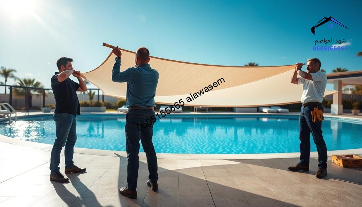 A professional team of skilled workers installing waterproof pool shades in a sunny outdoor environment. In the foreground, three team members, dressed in smart business attire, are collaborating on constructing the shades, showcasing their expertise with tools in hand. The middle ground features partially assembled shades casting unique shadows on the ground, highlighting the innovative design. In the background, a picturesque swimming pool glistens under the bright sun, surrounded by palm trees and blue skies, creating a vibrant, lively atmosphere. The lighting is bright and natural, enhancing the professionalism and teamwork of the workers, with a focus on precision and quality in their craft.
