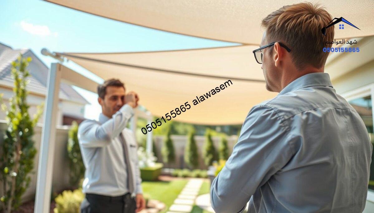 A professional team providing post-installation services for outdoor shading systems in a residential setting. In the foreground, two technicians in professional business attire are meticulously inspecting and adjusting a newly installed shade structure, ensuring optimal functionality. In the middle ground, there is a well-maintained backyard featuring the shade structure, surrounded by greenery and a neatly landscaped garden. The background features a clear blue sky, hinting at a sunny and pleasant day. Soft, natural lighting highlights the technicians' focused expressions and the details of the shade system. The overall atmosphere conveys professionalism, reliability, and customer satisfaction, emphasizing the importance of after-installation services.