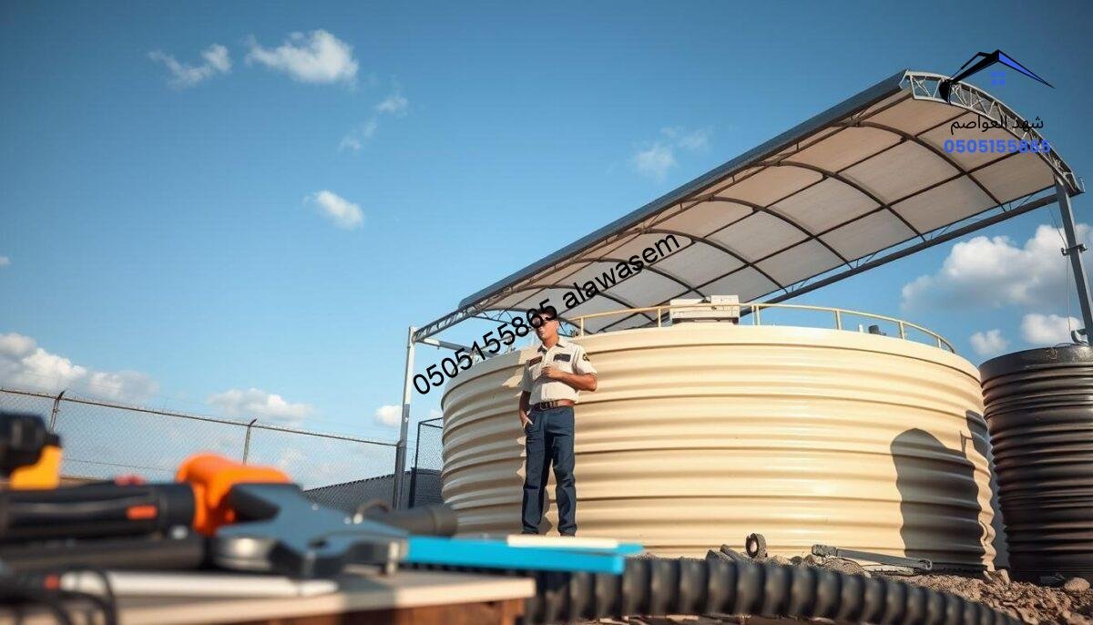 A professional technician inspecting a large, well-structured water tank with a vibrant, protective canopy overhead. The foreground features tools and equipment neatly arranged, emphasizing a maintenance environment. In the middle ground, focus on the technician, dressed in a uniform, carefully checking the structural integrity of the canopy, inspecting for wear and tear under soft, natural daylight. The background shows a clear blue sky with a few clouds, bringing an optimistic and serene atmosphere. Capture the scene from a slightly low angle to showcase both the tank and the canopy, highlighting the importance of regular maintenance. Overall, the mood should convey diligence, responsibility, and professionalism in tank shelter maintenance.
