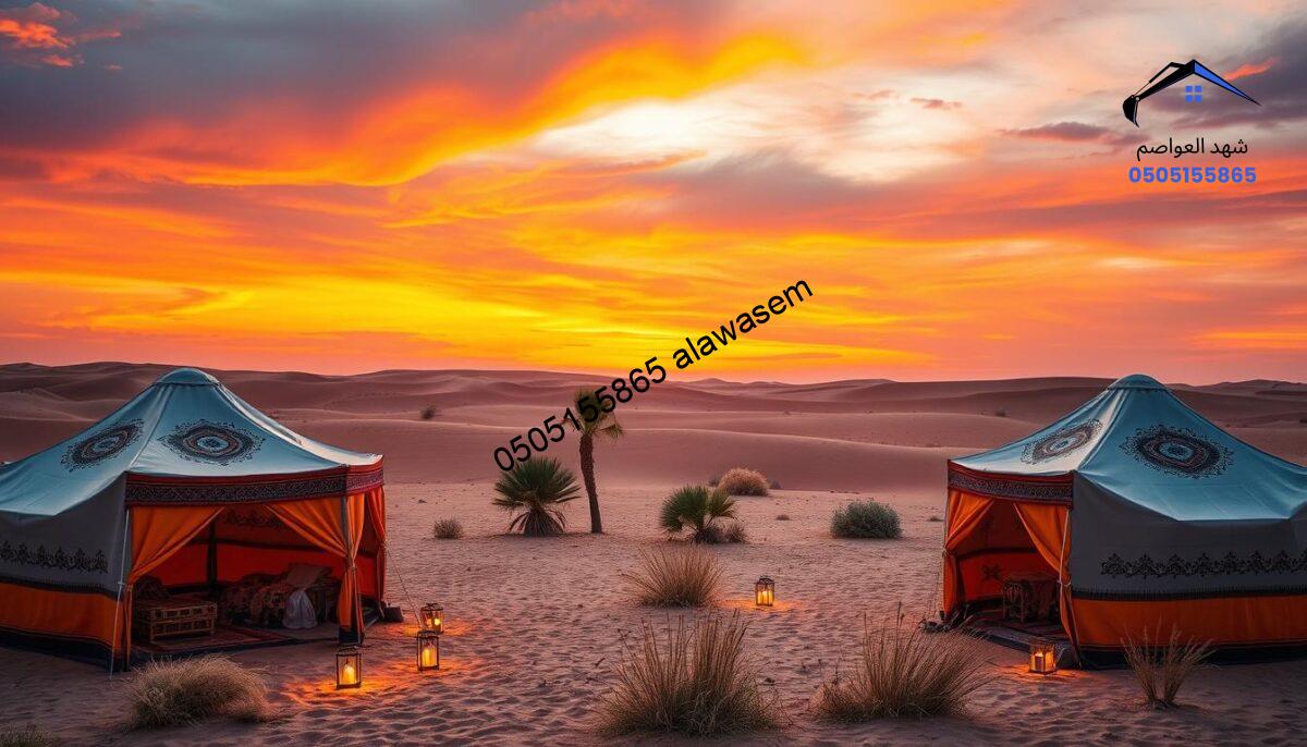 A serene desert landscape at sunset, showcasing traditional "بيوت شعر" (Bedouin tents) in the foreground, crafted from natural fabrics, their vibrant colors reflecting the warm tones of the setting sun. The tents are arranged in a cozy circle, with intricately designed patterns visible on their surfaces, surrounded by softly glowing lanterns. In the middle ground, sparse vegetation such as palm trees and tufts of grass rise gently, adding to the arid charm of the scene. The background features distant sand dunes under a colorful sky, blending oranges, pinks, and purples. The atmosphere is tranquil and inviting, evoking a sense of cultural heritage and warmth in a timeless setting, with soft, diffuse lighting emphasizing the textures of the tents.