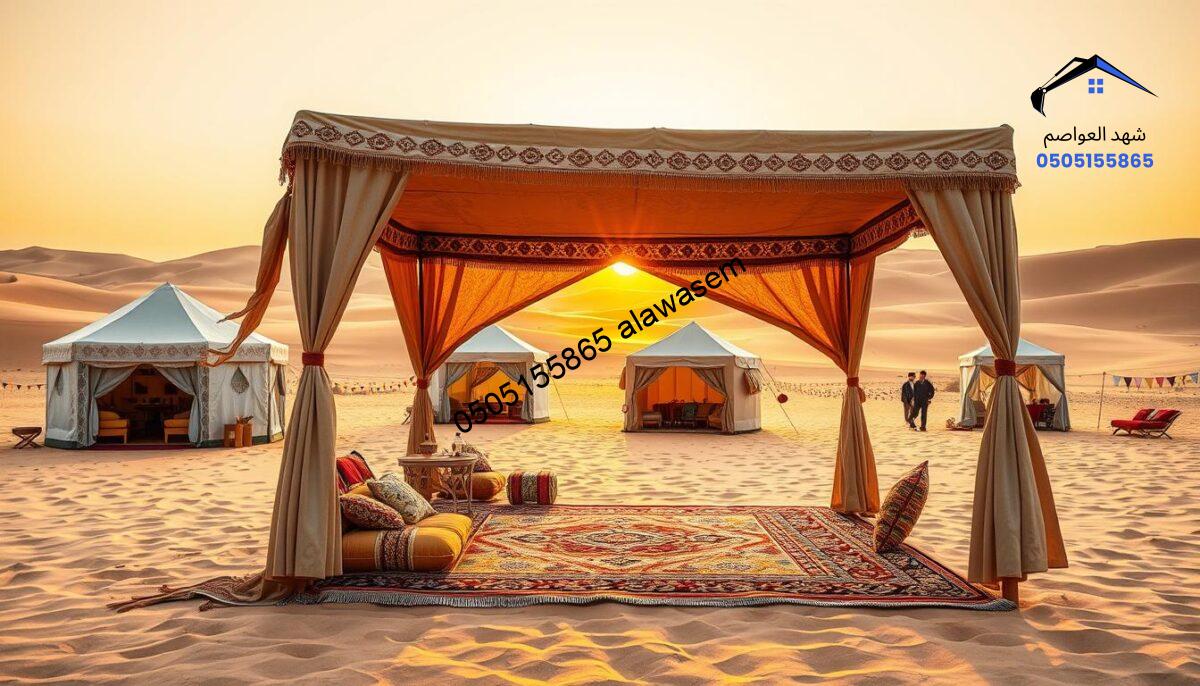 A serene desert landscape features multiple versatile tent designs, showcasing various styles of “بيوت شعر” with elegant patterns and textures. In the foreground, a richly adorned traditional tent is set up with colorful cushions and embroidered textiles. In the middle ground, there are additional tents, designed for different uses, such as a dining area, a lounging space, and a workspace, all harmoniously blending together. The background reveals soft rolling dunes under a warm sunset, casting a golden glow. The atmosphere is inviting and functional, reflecting adaptability in design. Use soft diffused lighting to emphasize the fabric textures and the intricate details of each tent. Shot with a wide-angle lens, creating depth in the scene without any people present, ensuring a peaceful and professional ambiance.