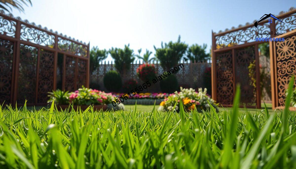 A serene garden scene featuring beautifully designed "سواتر حدائق" (garden screens) in a lush outdoor setting. In the foreground, vibrant green grass surrounds ornate wooden or metal screens, adorned with intricate patterns that allow light to filter through. In the middle ground, colorful flower beds bloom, and ornamental shrubs create a sense of privacy and tranquility. The background features a clear blue sky, with soft sunlight casting gentle shadows, enhancing the serene atmosphere. The angle captures both the detailed craftsmanship of the screens and the natural beauty of the garden. The mood is peaceful and inviting, ideal for showcasing garden spaces in Riyadh.