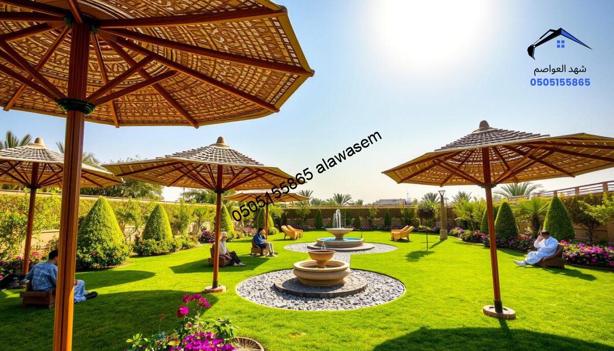 A serene garden scene in Riyadh showcasing beautifully crafted wooden garden umbrellas. In the foreground, several elegantly designed wooden umbrellas with intricate patterns provide shade over a lush green lawn, dotted with colorful flowering plants. In the middle ground, people in modest casual clothing relax under the umbrellas, enjoying the outdoors, with a well-maintained gravel pathway leading to a small decorative fountain. The background features a clear blue sky illuminated by warm sunlight, casting gentle shadows from the umbrellas. The atmosphere is inviting and tranquil, embodying the importance of shade in Saudi Arabian climate, with a focus on comfort and style.