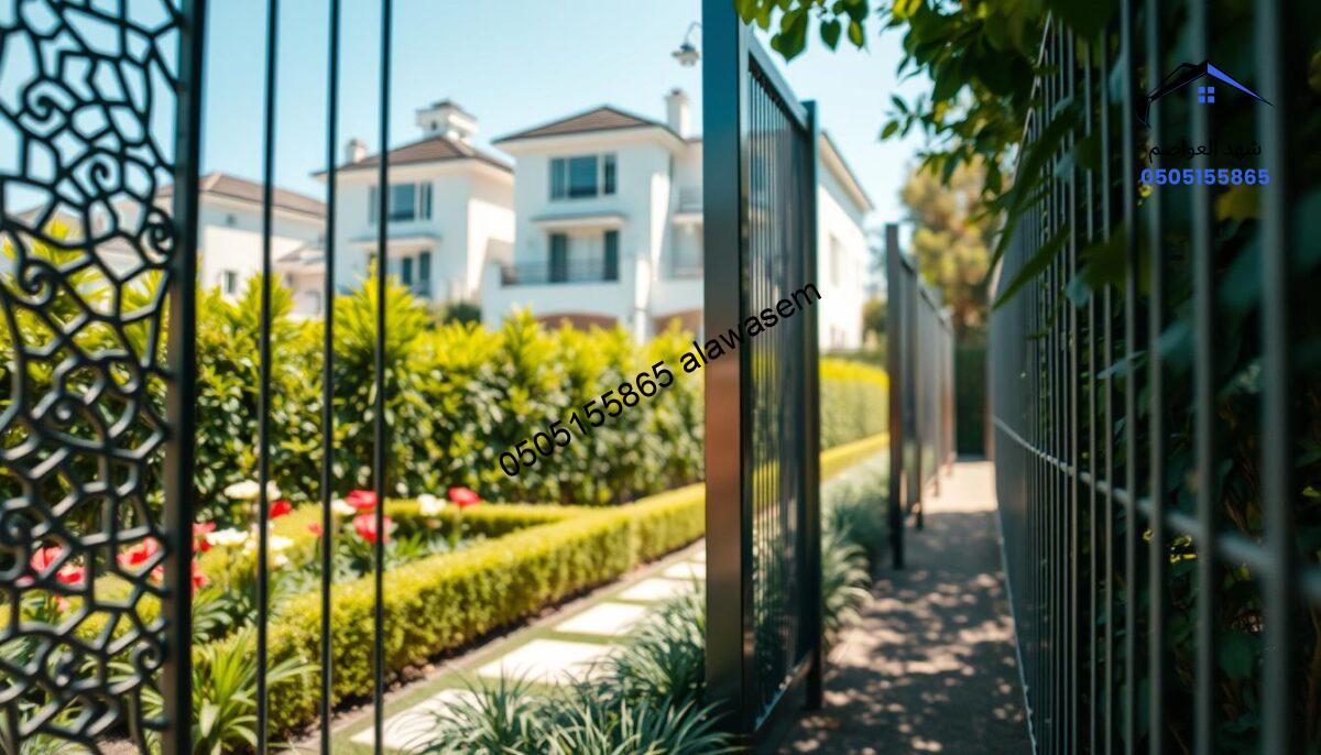 A serene garden scene showcasing sleek, modern metallic fences (سواتر معدنية) in a high-end residential area. In the foreground, the metallic screens with intricate designs reflect light, casting gentle shadows on the ground. The middle of the image features a vibrant green garden with flowering plants and manicured hedges, creating a contrast to the metallic structures. In the background, soft-focus elegant villas are partially visible, enhancing the luxurious atmosphere. Natural sunlight bathes the scene, softening the edges of the metallic barriers, while a slight breeze rustles the leaves, lending a sense of tranquility. The angle captures the viewer's eye upward from the garden level, emphasizing the height and modernity of the metallic barriers while maintaining a peaceful garden ambiance.