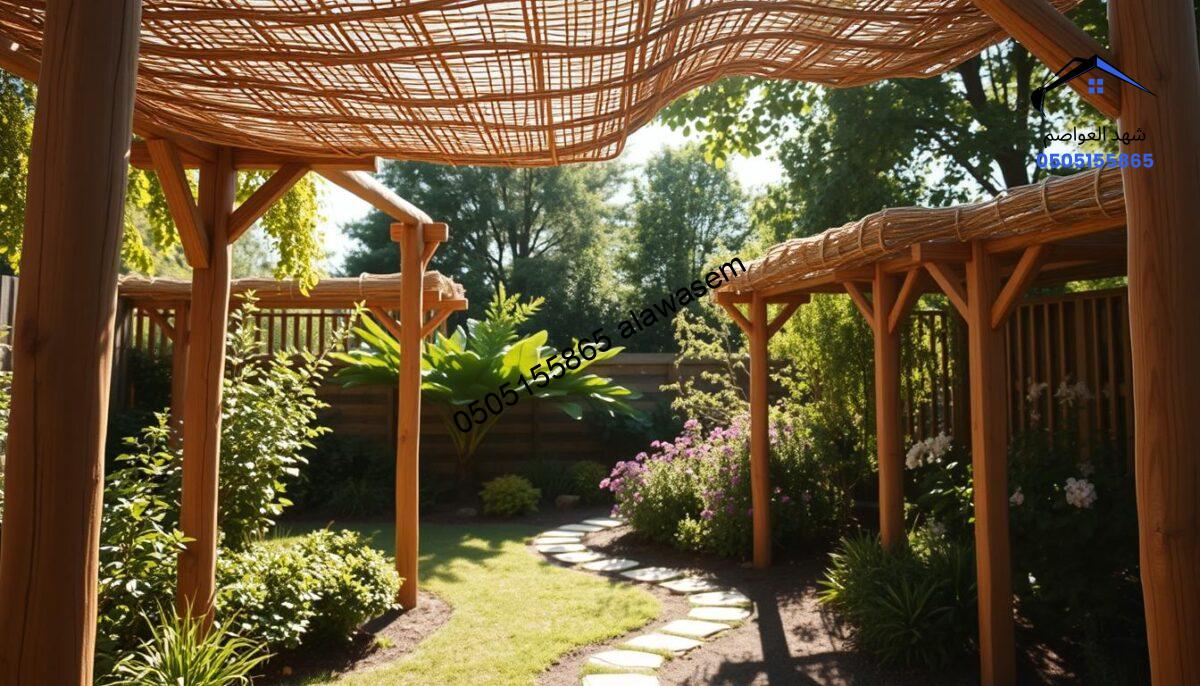 A serene garden setting featuring wooden canopies constructed from natural materials, emphasizing sustainability and harmony with nature. In the foreground, an intricate wooden structure made from untreated timber supports a beautifully woven canopy of natural fibers, casting gentle shadows on the ground. The middle ground showcases lush greenery, including various native plants, flowering shrubs, and a small stone pathway winding beneath the canopy. In the background, soft sunlight filters through the leaves, creating a warm, inviting atmosphere. The composition should be captured from a low angle to accentuate the height of the wooden structures and the beauty of the garden. The overall mood is tranquil and earthy, embodying the benefits of using natural materials in garden design.
