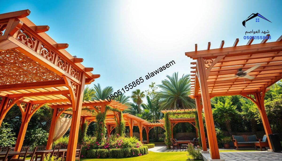 A serene garden setting in Riyadh featuring various wooden shade structures designed to suit diverse tastes. In the foreground, showcase elegantly crafted wooden canopies with intricate designs, offering shade for sitting areas. The middle ground should include multiple style variations of wooden pergolas and awnings, adorned with climbing plants and colorful flowers. The background reveals lush greenery under a bright blue sky, illuminating the scene with warm sunlight, creating a peaceful atmosphere. The perspective is slightly elevated, capturing the beauty of the wooden designs against the backdrop of a well-maintained garden. Emphasize natural textures of the wood and vibrant colors of the flora, reflecting a harmonious blend with nature.