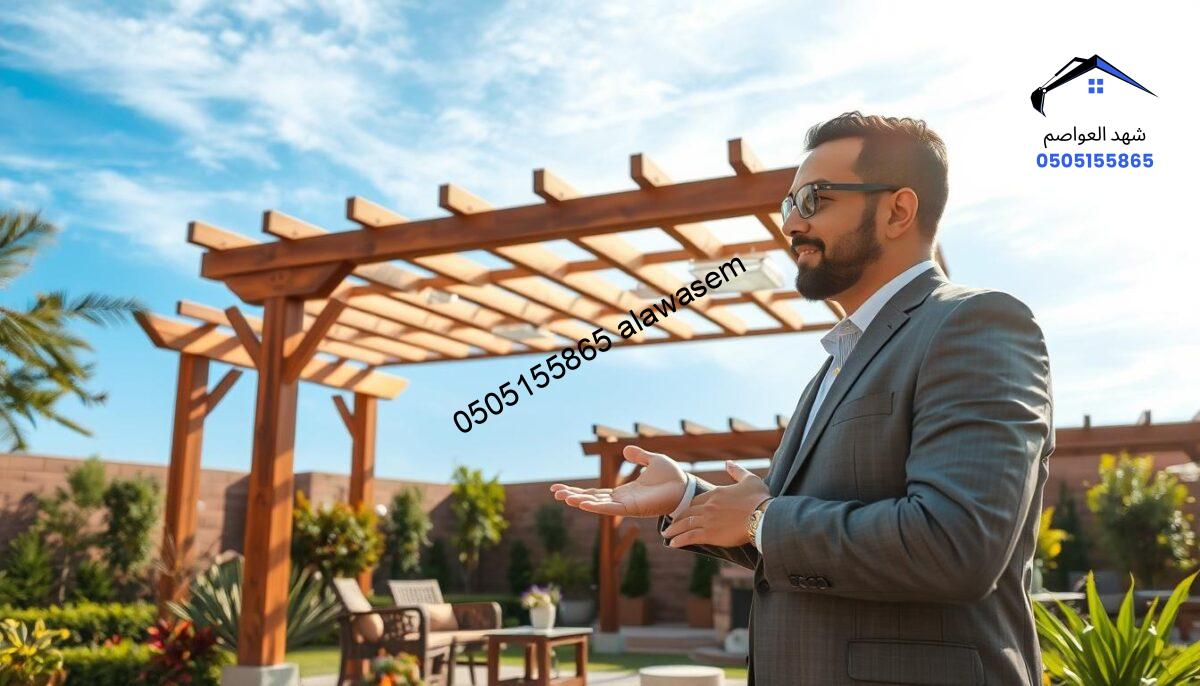 A serene garden setting showcasing wooden shade structures in Riyadh. In the foreground, a professional consultant in modest business attire gestures towards a beautifully designed wooden pergola, emphasizing its benefits. The middle layer features well-maintained greenery, various plants, and garden furniture that complement the shade structures, creating an inviting atmosphere. In the background, a clear blue sky with soft, diffused sunlight enhances the scene, casting gentle shadows that highlight the craftsmanship of the wooden structures. The overall mood is sunny and optimistic, underscoring the importance of free consultation in making informed landscaping choices. The image captures a moment of engagement, reflecting professionalism and the beauty of garden design.