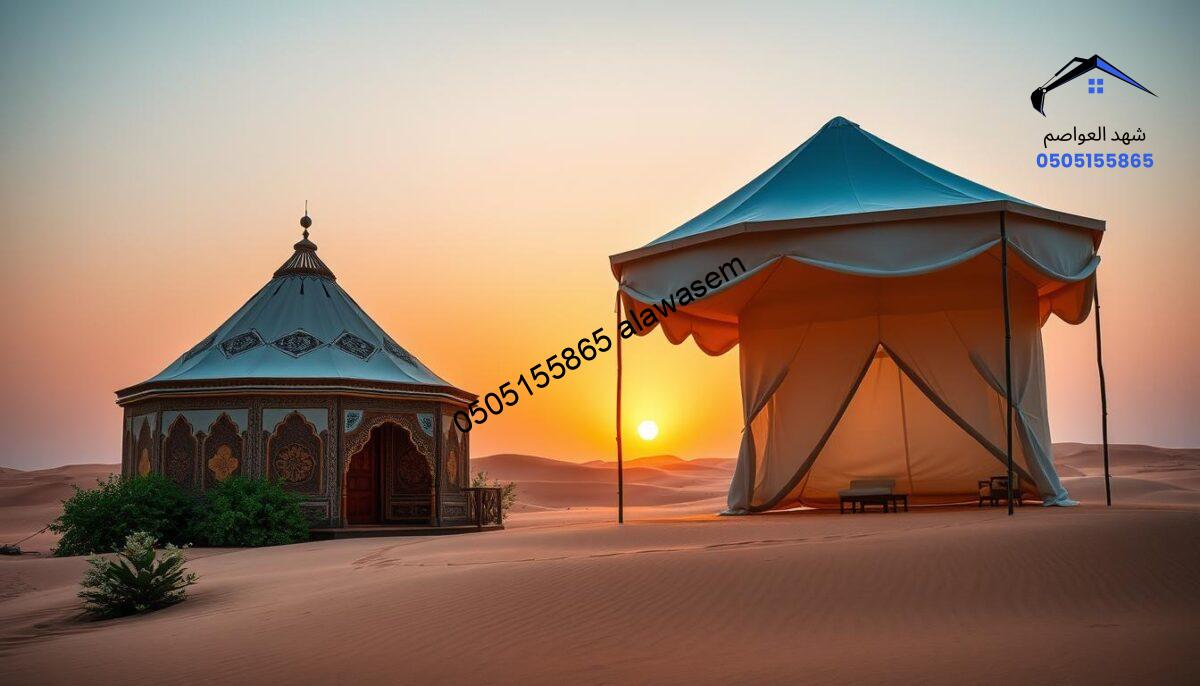A serene landscape featuring a contrast between traditional and modern tents (بيوت شعر) in a desert setting. In the foreground, display a beautifully crafted traditional tent, showcasing intricate patterns and natural materials, surrounded by lush greenery. Next to it, exhibit a sleek, contemporary tent design with clean lines and modern fabrics, illustrating innovation in tent design. The middle-ground should include sand dunes gently illuminated by the warm golden hour sunlight, enhancing the textures of the tents and the surroundings. In the background, a soft gradient sky transitions from deep orange to twilight blue, adding a tranquil atmosphere. Use a wide-angle lens to capture the expansive scenery and emphasize the juxtaposition of design styles. The overall mood should convey harmony between tradition and modernity in housing structures.