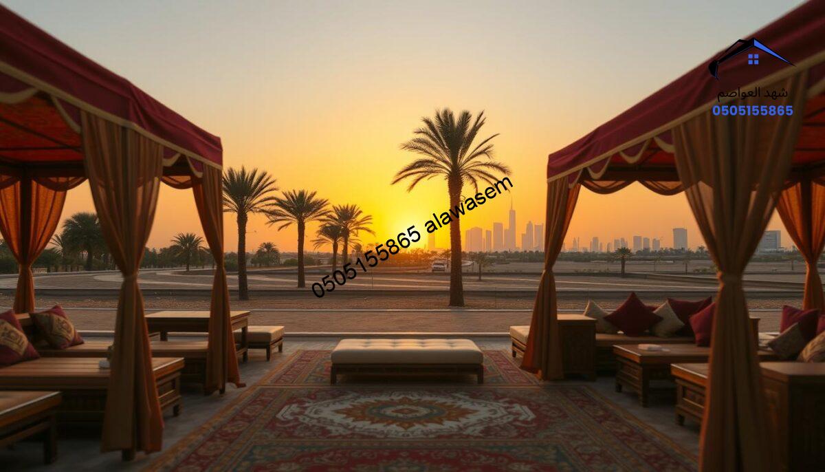 A serene landscape featuring traditional royal tents (بيوت شعر ملكية) set against the backdrop of a stunning sunset in Riyadh. In the foreground, the intricate designs of the tents are highlighted, showcasing rich fabrics in deep reds and golds. The middle ground features elegant seating arrangements made of plush cushions and traditional carpets, creating an inviting atmosphere. In the background, the silhouettes of palm trees and the distant outline of modern Riyadh architecture contrast with the historic tents. The scene is bathed in warm golden light, evoking a peaceful, regal mood. Capture this from a low angle to highlight the grandeur of the tents while keeping the overall composition balanced and harmonious. Ensure the image remains free of text and any branding.