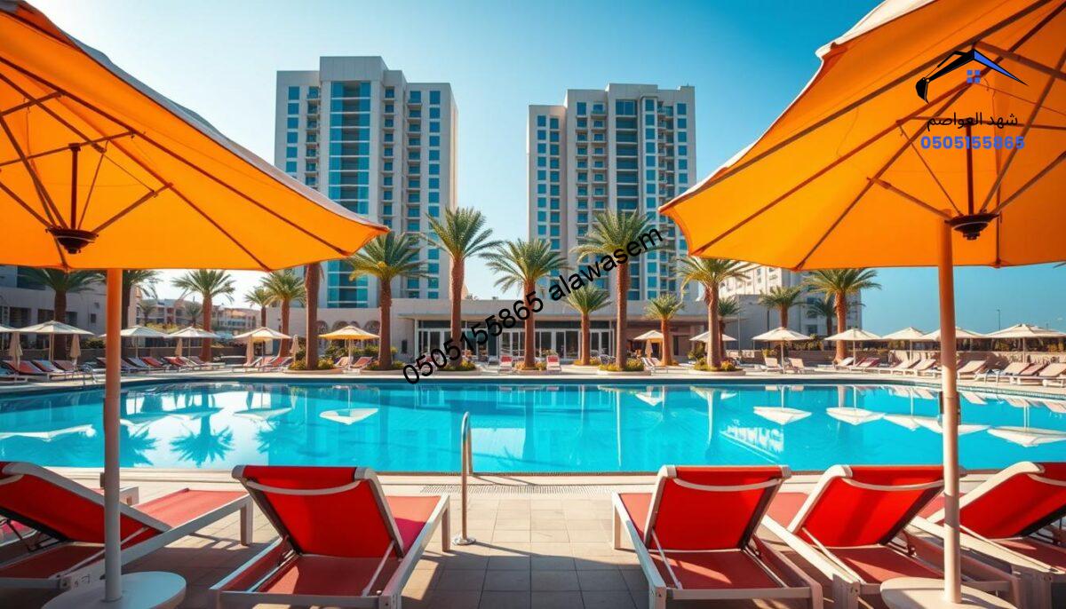 A serene outdoor pool scene in Riyadh featuring elegant pool umbrellas that exemplify their importance. In the foreground, vibrant beach chairs are arranged neatly under stylish, colorful umbrellas, providing shade from the harsh sun. The middle layer reveals a stunning pool with crystal-clear water, reflecting the blue sky and the surrounding palm trees, which create a relaxed atmosphere. In the background, the distinct architecture of modern buildings hints at the urban environment of Riyadh. The image is bathed in warm, golden sunlight, casting soft shadows that enhance the tranquil vibe. Utilize a wide-angle lens to capture the entire scene, emphasizing the balance between luxury and relaxation. Convey a mood of comfort and leisure, highlighting the significance of pool umbrellas in outdoor living.