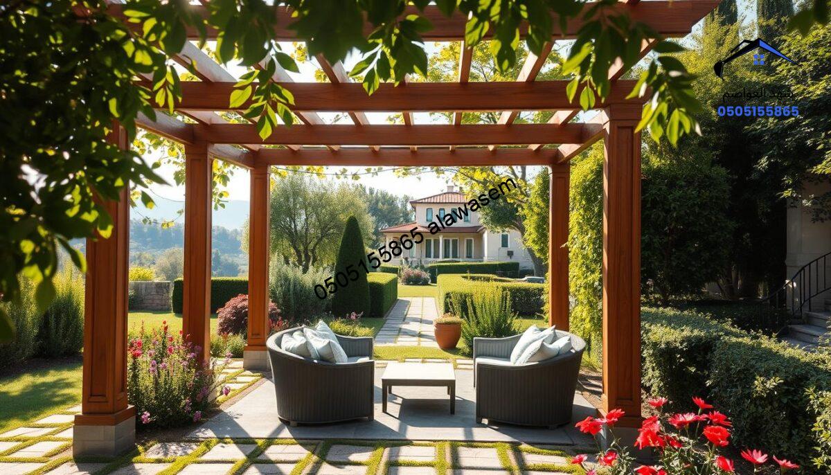 A serene outdoor scene featuring a beautifully designed wooden pergola in a lush garden setting, surrounded by vibrant greenery and flowering plants. In the foreground, the pergola's intricate wooden structure is highlighted, with soft sunlight filtering through the leaves, creating a dappled pattern on the ground. In the middle ground, a cozy sitting area with elegant outdoor furniture invites visitors to relax. The background showcases a tranquil garden landscape, perhaps with a hint of a villa in the distance, reflecting the theme of a luxurious living space. The overall atmosphere should be warm and inviting, evoking a sense of connection and communication in a peaceful environment, with soft, natural lighting to enhance the scene's beauty.