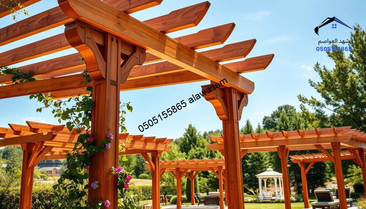 A serene outdoor scene showcasing elegant wooden pergolas in a bright, sunny garden setting. In the foreground, a beautifully crafted pergola made from rich, natural wood features intricate designs and is partially covered with climbing vines and colorful flowers. In the middle ground, several additional pergolas are arranged harmoniously, each varying slightly in style and size, demonstrating different shapes and finishes. The background presents a lush landscape with green trees and a clear blue sky, bathing the scene in warm, natural light. The atmosphere is inviting and tranquil, perfect for relaxation. Capture this from a slightly elevated angle to highlight the craftsmanship of the pergolas and the beauty of their surroundings.