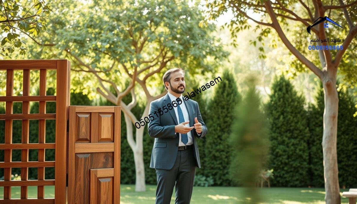 A serene outdoor setting featuring a beautiful wooden screen or divider, showcasing its design and texture prominently in the foreground. The wooden structure is intricately crafted, with varying wood grains and a natural finish, set against a lush garden backdrop. In the middle, a professional consultant, dressed in business attire, discusses the benefits of wooden screens with a client, both engaged in a thoughtful conversation. Soft, diffused sunlight filters through the trees, casting gentle shadows around them, creating a calm and inviting atmosphere. The background consists of elegantly landscaped greenery typical of upscale villas in Al Sahafah and King Fahd neighborhoods, enhancing the image's elegance. The overall mood conveys professionalism and the importance of consultation.