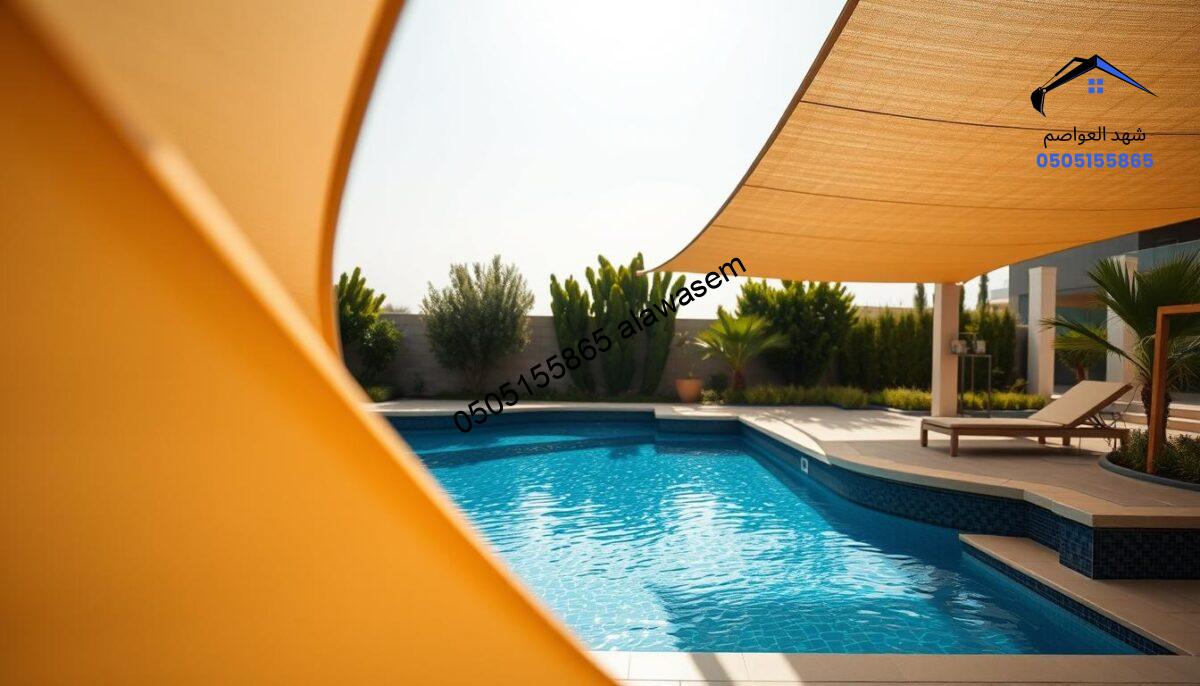 A serene outdoor setting showcasing a beautifully designed swimming pool covered by high-quality, elegant pool shade structures in Riyadh. In the foreground, focus on the intricate details of the shade fabric displaying durability and sophistication. The middle ground features the sparkling blue water of the pool that reflects the sunlight, surrounded by lush greenery and attractive landscaping. The background includes a clear sky, enhancing the inviting atmosphere. Use soft, warm lighting to emphasize the textures and colors, capturing a sense of quality assurance in design. The image should convey a professional and serene mood, suitable for a quality assurance theme, without any people present.