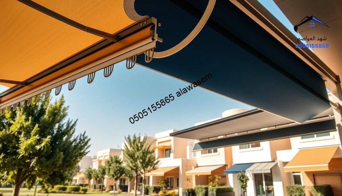 A serene outdoor setting showcasing a range of modern, retractable awnings in different styles and colors, elegantly displayed in a sunlit residential area. In the foreground, a close-up of a stylish awning with intricate detailing and a sleek operating mechanism. In the middle ground, a variety of awnings in action, demonstrating their movement and functionality, all set against a backdrop of lush greenery and contemporary homes in the Al-Naseem and Al-Ghadeer neighborhoods. The lighting is warm, with soft shadows, highlighting the textures and materials of the awnings. The atmosphere conveys innovation and comfort, ideal for residential spaces. The angle captures both the awnings and their surroundings, inviting viewers to imagine these features enhancing their own homes.