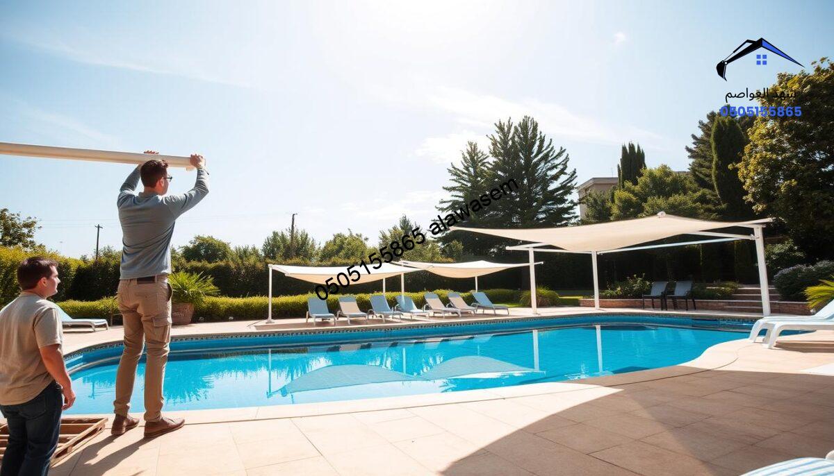 A serene outdoor swimming pool area under a bright blue sky, showcasing the installation of waterproof pool canopies. In the foreground, a professional team of workers in modest casual clothing is carefully assembling the aluminum frame of a large canopy, ensuring stability and proper fitting. In the middle ground, completed canopies are elegantly draped over the poolside, providing shade and enhancing the ambiance. The background features lush greenery and a well-maintained garden, complementing the tranquil atmosphere. Soft, natural lighting casts gentle shadows, creating a warm, inviting feel. The scene captures the essence of poolside comfort and the practicality of waterproof designs, emphasizing organized and professional installation practices.