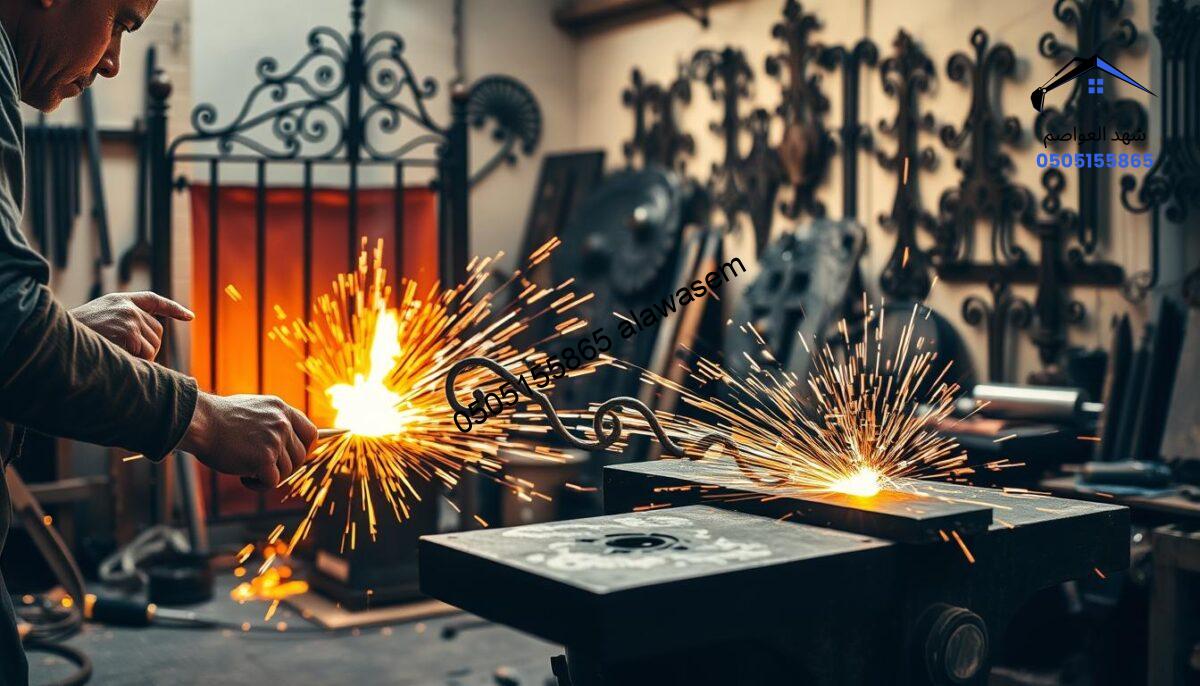 A skilled blacksmith at work, crafting an intricate iron gate, set in a well-lit workshop with tools scattered around. In the foreground, focus on the blacksmith's hands applying detail to the ornate design, sparks flying from the anvil in bright bursts, illuminating the scene. The middle ground features an open flame in a forge, casting warm yellow and orange hues that enhance the craftsmanship. In the background, various metalwork projects hang on the walls, highlighting the artistry of metal fabrication. The atmosphere is dynamic and industrious, with an emphasis on craftsmanship and creativity in metal art. Use a soft focus on the background to keep the emphasis on the blacksmith's detailed work, shot with a slight low angle to emphasize the tools and the artistry involved.